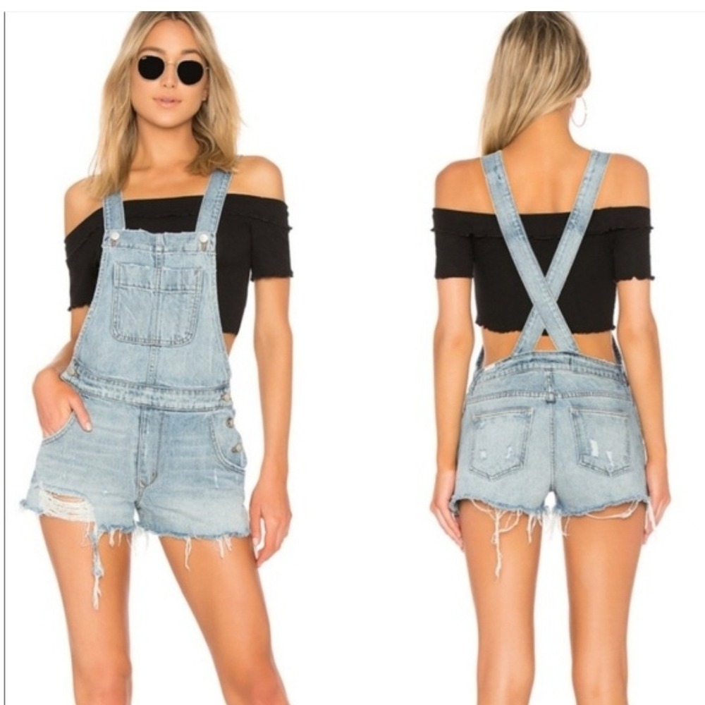 Lovers + Friends Scotty Denim Overalls Size L Distressed Raw‎ Hem Bib Festival